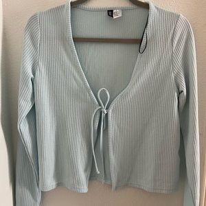 Baby blue long sleeve tie front blouse